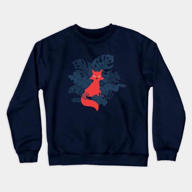 A Red Fox Exploring Amid Blue Leaves Crewneck Sweatshirt by zorrorojo